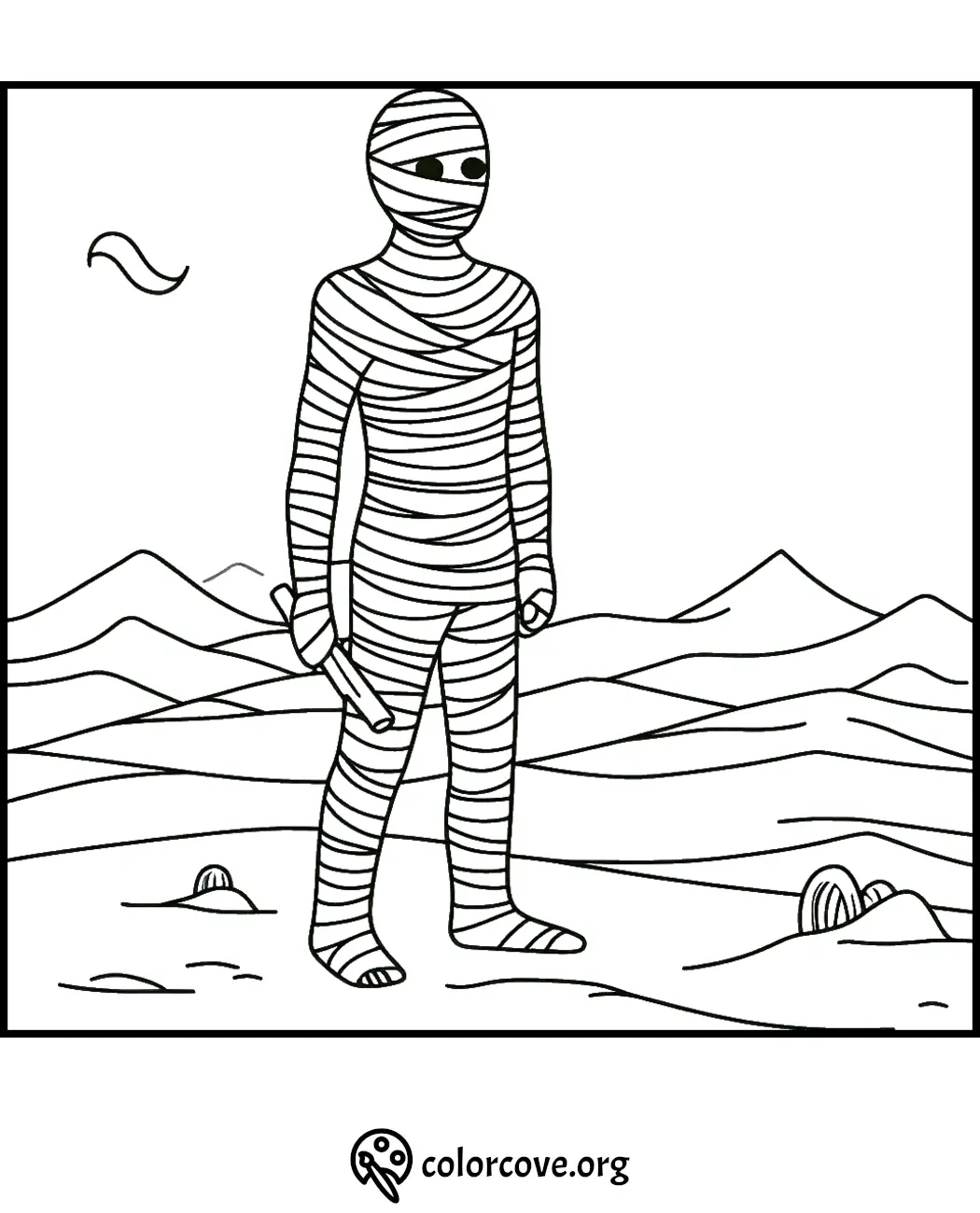 Coloring page featuring a mummy wrapped in bandages standing in a desert landscape with mountains in the background.