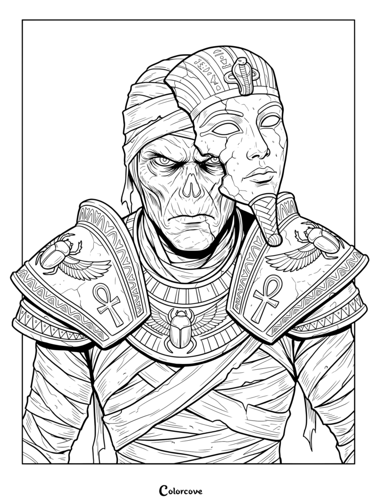 Detailed mummy coloring page showing an ancient Egyptian pharaoh wearing a cracked golden death mask and scarab armor.