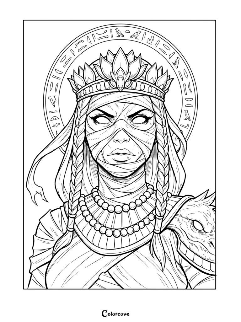 Ancient Egyptian Queen mummy coloring page with headdress and hieroglyphic ring.