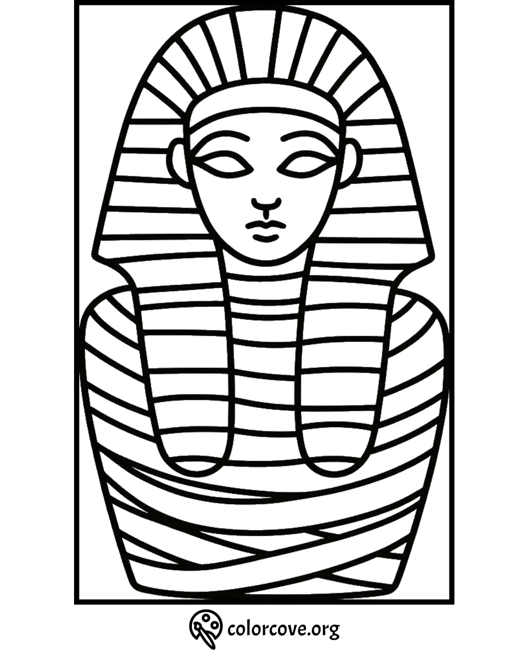 Ancient Egyptian pharaoh coloring page with detailed headdress and intricate patterns for kids and adults to color