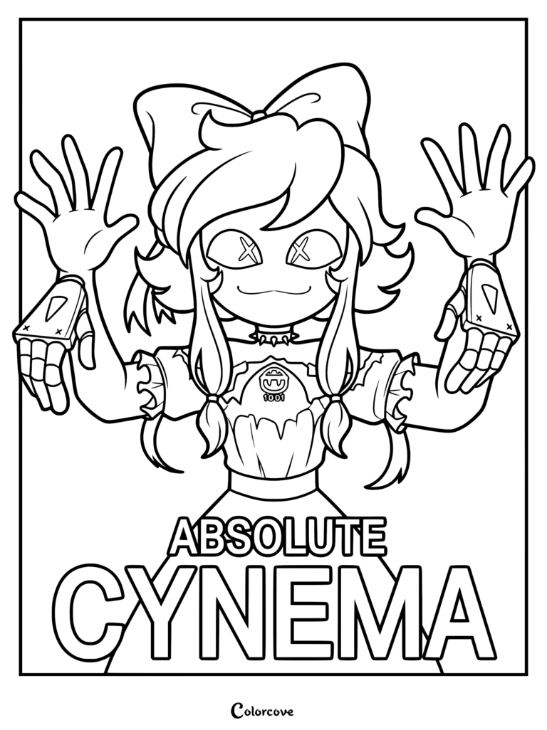 Cyn from Murder Drones in a cute dress with a bow, raising both hands with mechanical details, featuring the text 'Absolute Cynema' below in a black and white printable coloring page.