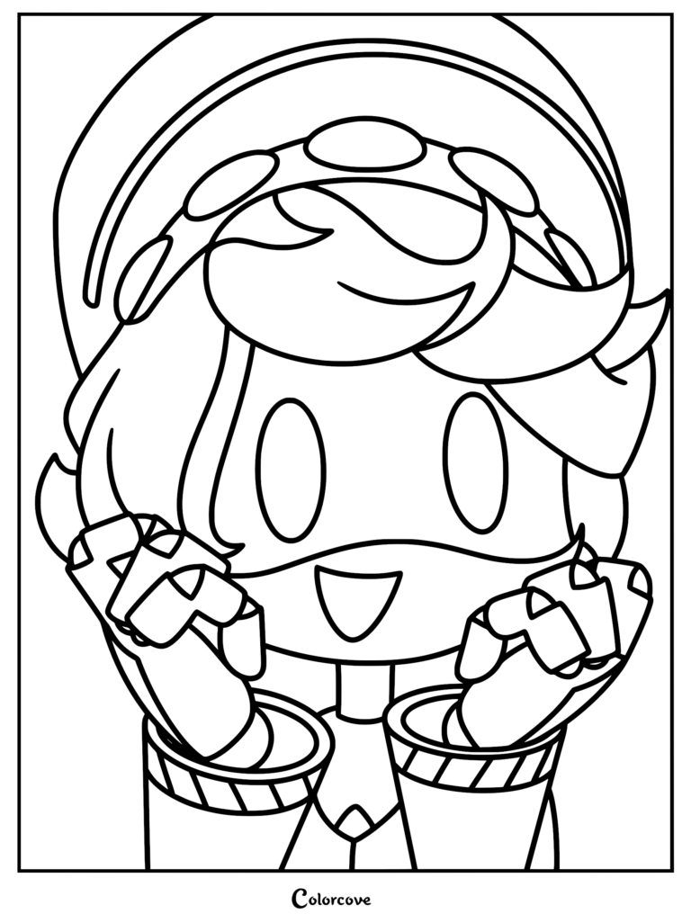 A cute chibi-style Murder Drones coloring page featuring Serial Designation N smiling with his hands raised by his head.
