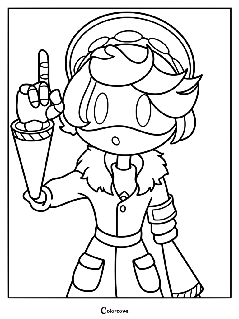 Serial Designation N from Murder Drones in a simple coloring page style, wearing his signature pilot hat, fur-collared jacket, and pointing his finger upward.