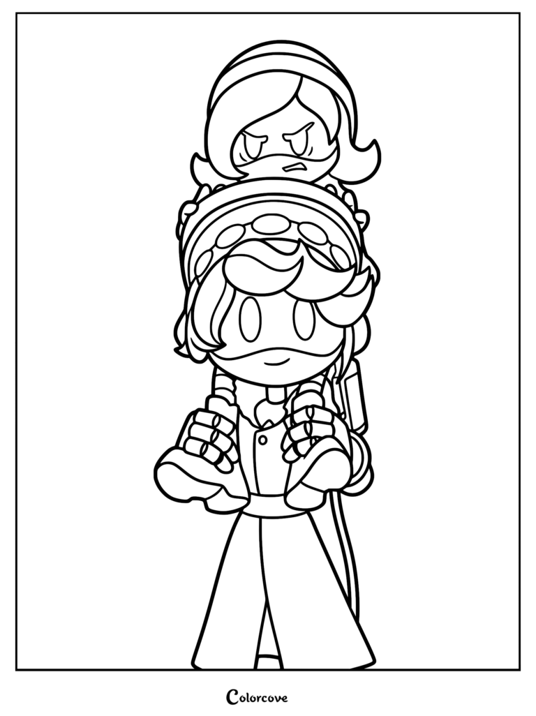A printable coloring page featuring Uzi Doorman sitting on the shoulders of Serial Designation N, clean line art style.