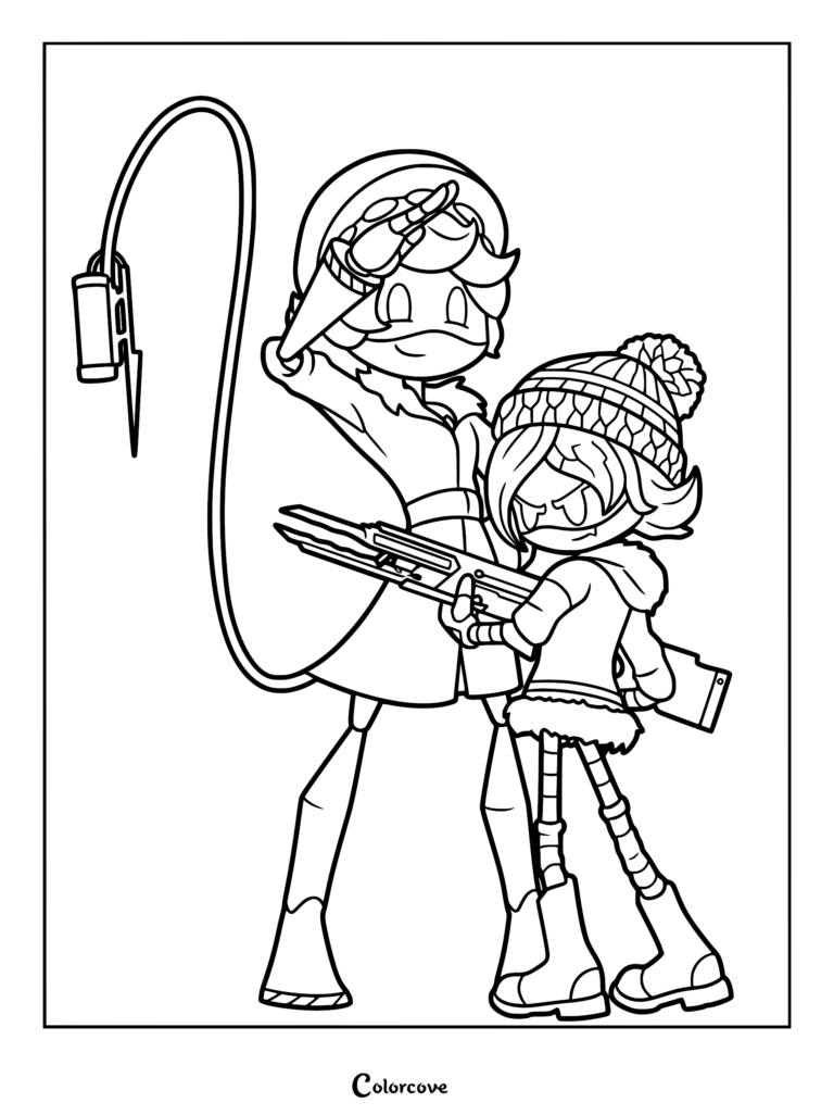 Free printable coloring page featuring Murder Drones characters Serial Designation N standing behind Uzi Doorman, who is wielding her signature Sick As Hell Railgun on Copper 9.