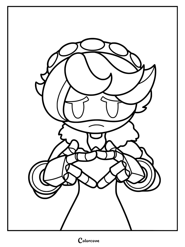 A printable coloring page of Serial Designation N from Murder Drones forming a heart shape with his mechanical hands, featuring his signature visor eyes, fluffy collar, and hair accessory.