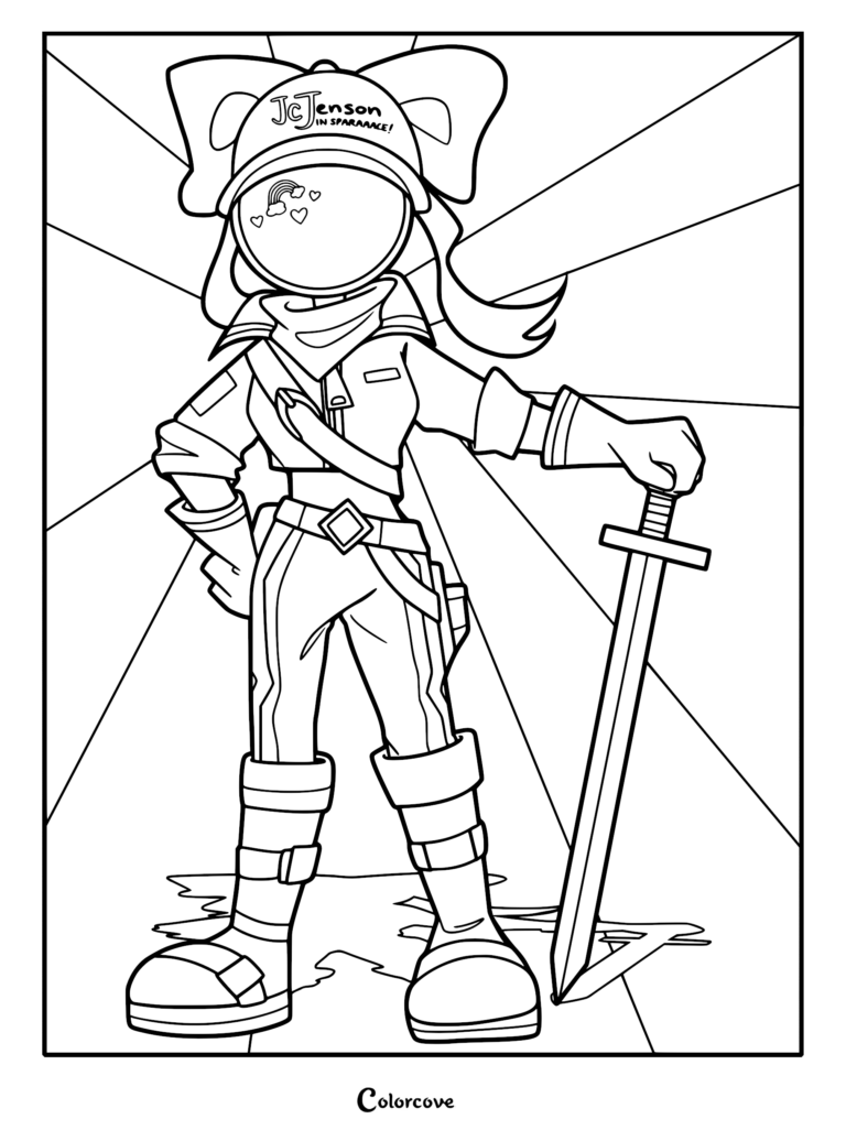 Tessa James Elliott wearing her JCJenson branded hat and tactical outfit, holding a sword in this line art coloring page.