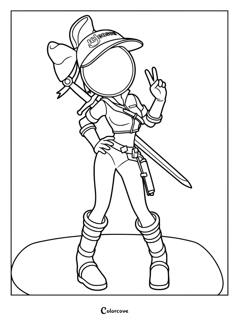 Tessa James Elliott from Murder Drones wearing a JCJenson cap and carrying a sword, featured in a clean line art coloring page.
