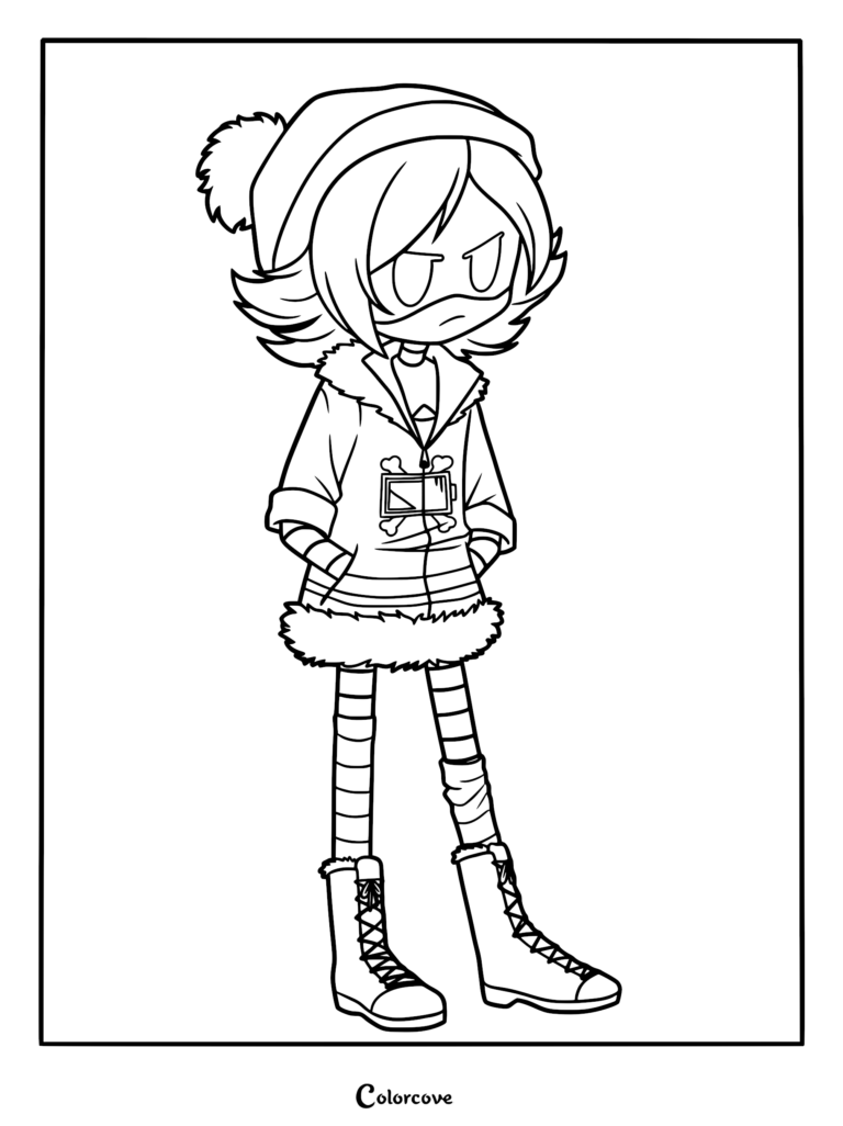 Uzi Doorman from Murder Drones wearing her signature beanie and skull-emblem jacket, isolated in a black and white line art coloring page.