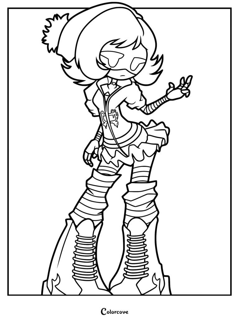 Uzi Doorman from Murder Drones wearing her signature beanie and jacket, standing in a confident pose, depicted as a crisp black and white line art coloring page.