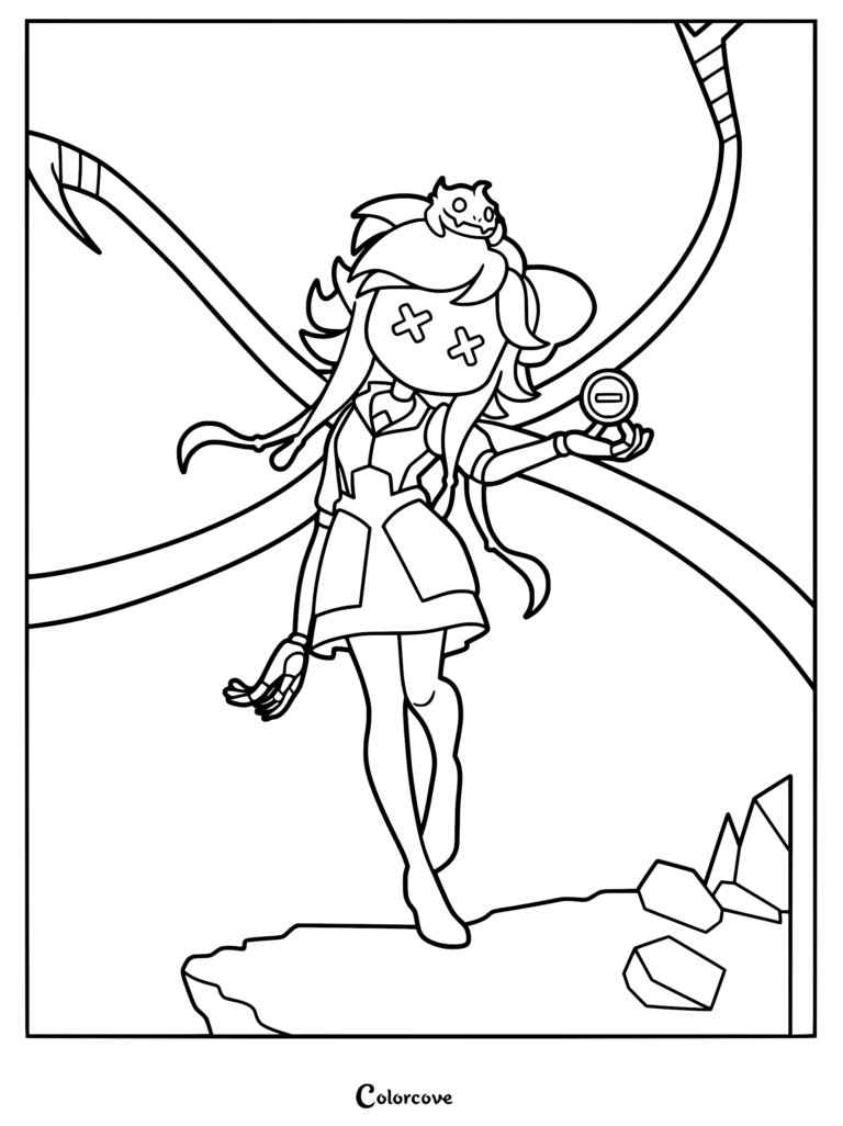 A detailed coloring page of the character Cyn from Murder Drones, featuring her with X-shaped eyes, a small skull ornament in her hair, and long metallic tendrils emerging from her back while she holds a small circular object.