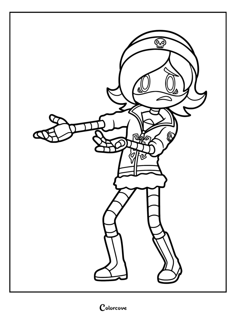 A detailed line art coloring page of Uzi Doorman from Murder Drones, wearing her iconic skull beanie, jacket, and striped legs while extending her hands in a presenting gesture.