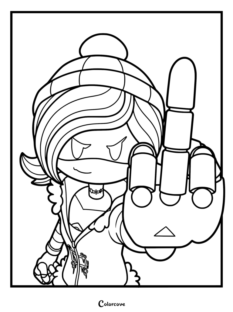 A line art coloring page featuring Uzi Doorman from Murder Drones wearing her signature beanie and jacket, defiantly raising her hand toward the viewer.