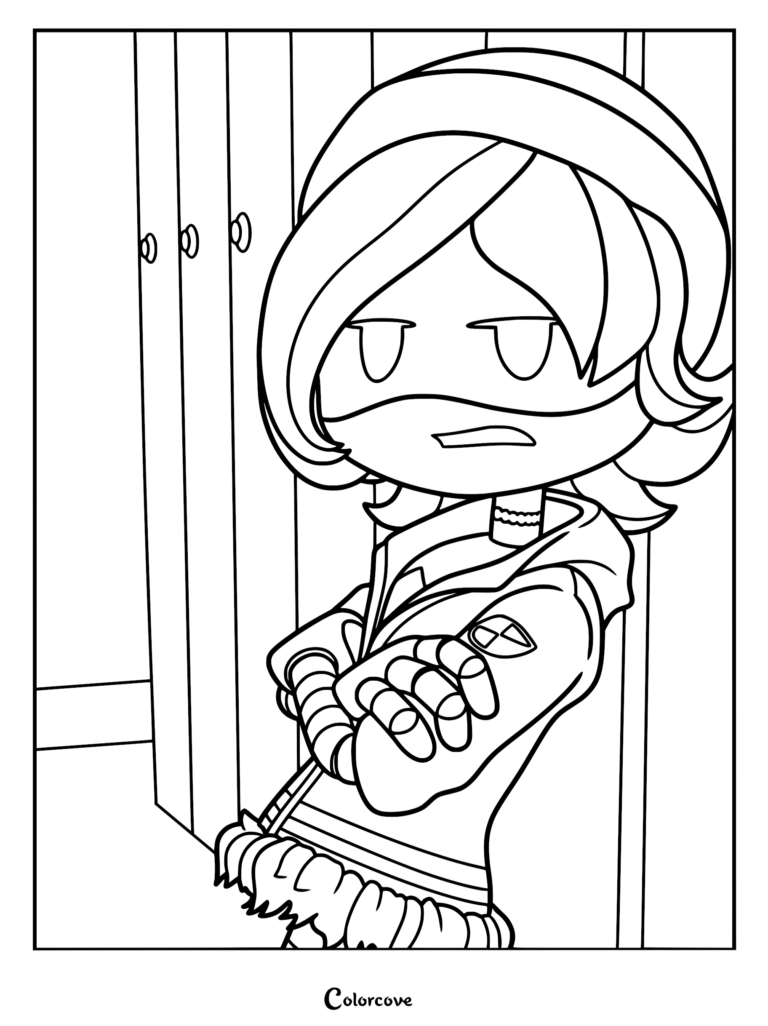 Uzi Doorman from Murder Drones standing with crossed arms and a sassy expression, leaning against a wall in a detailed black and white coloring page.