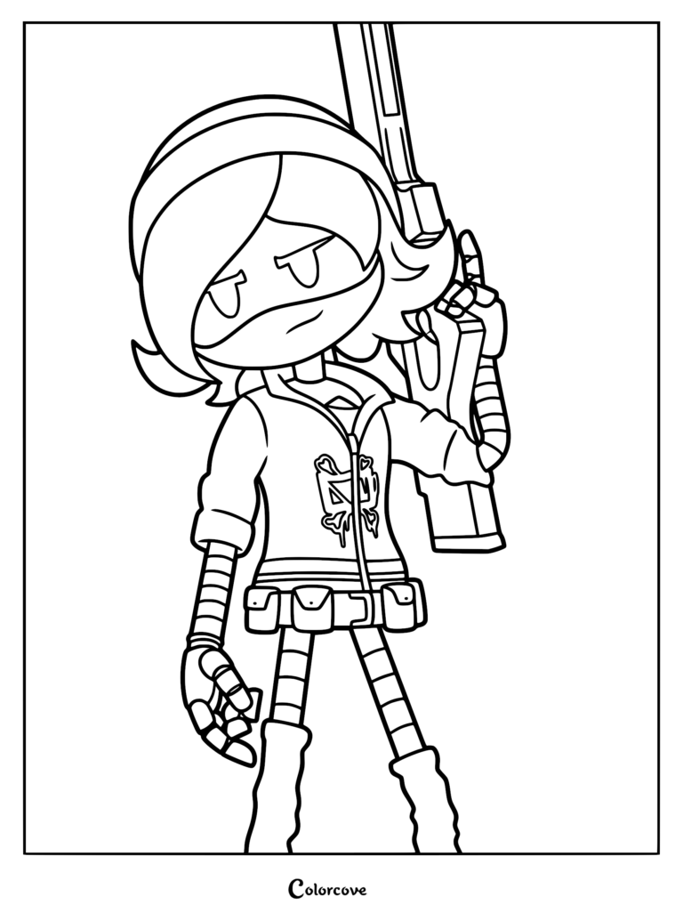 A black and white printable coloring page featuring Uzi Doorman from Murder Drones wearing her signature beanie and jacket, standing confidently while holding her custom-built railgun.