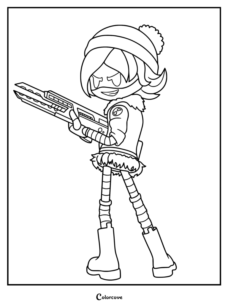 Uzi Doorman from Murder Drones wearing her signature beanie and carrying her custom railgun, rendered as a high-quality line art coloring page for fans of the show.