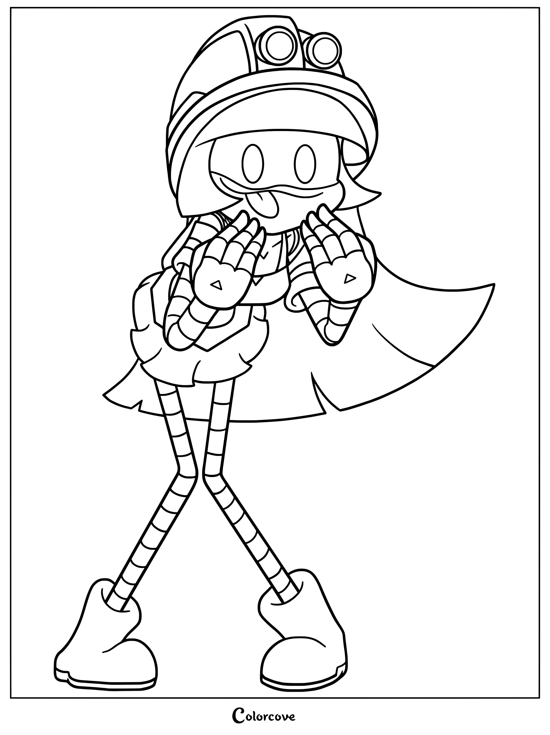 Poupée du jeu Murder Drones portant un casque et une cape, tirant la langue dans une pose espiègle, dessin au trait à colorier.