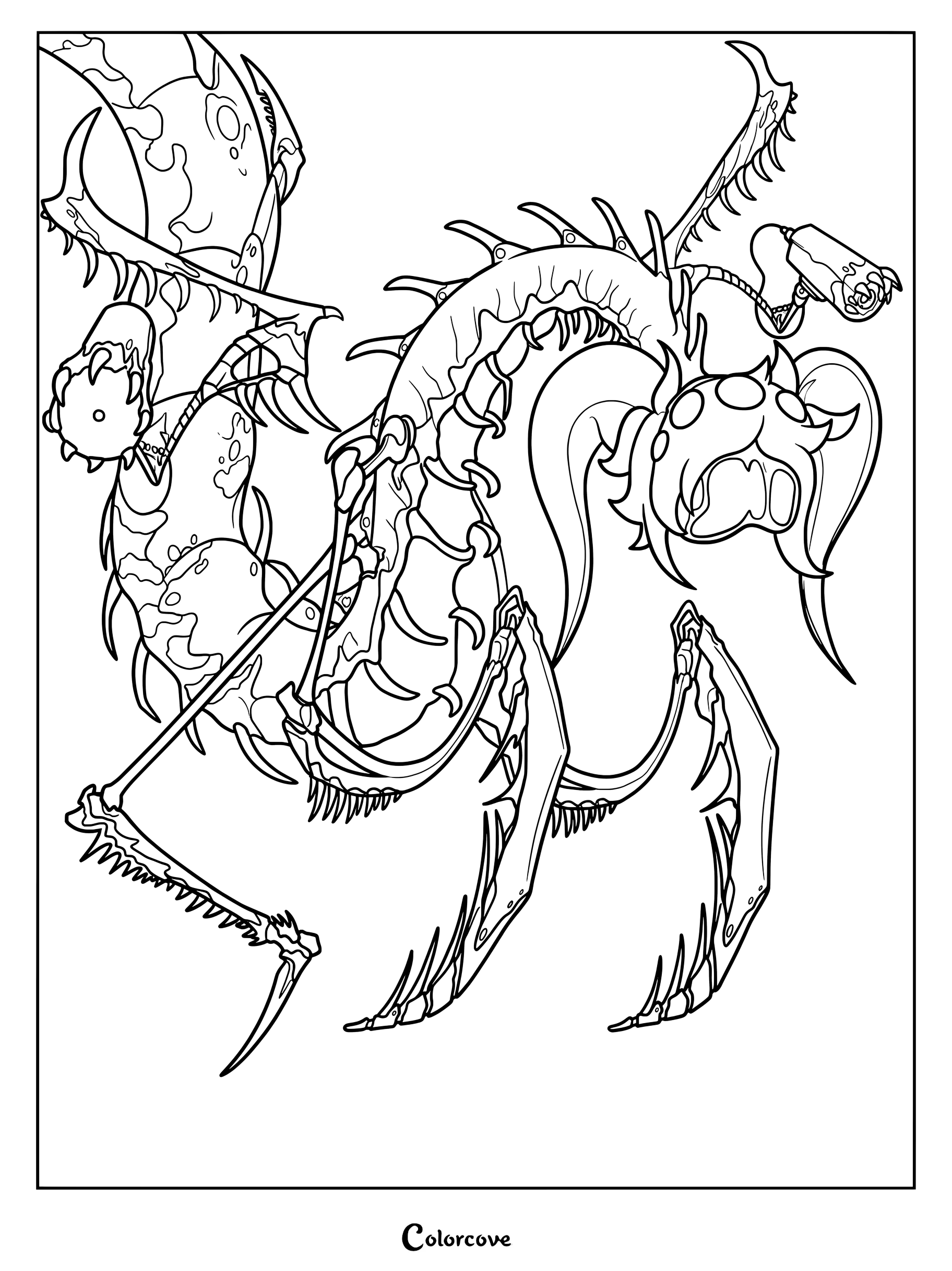 Une page de coloriage détaillée d'Eldritch J de Murder Drones, représentant sa forme monstrueuse à plusieurs pattes, dotée de griffes acérées et d'une queue mécanique.