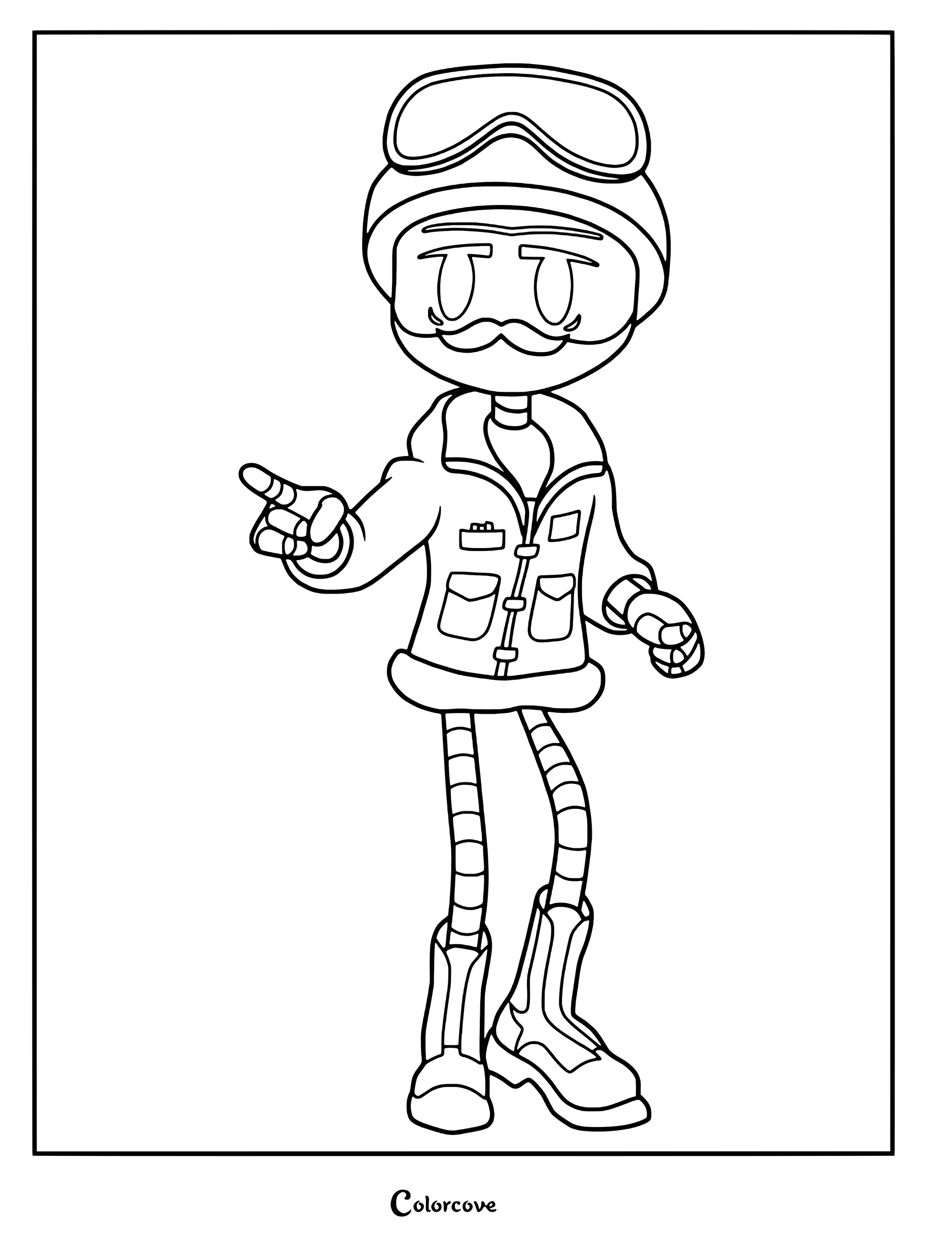 Khan Doorman, personnage de Murder Drones, portant ses lunettes et sa veste emblématiques, dans un format de coloriage à imprimer.