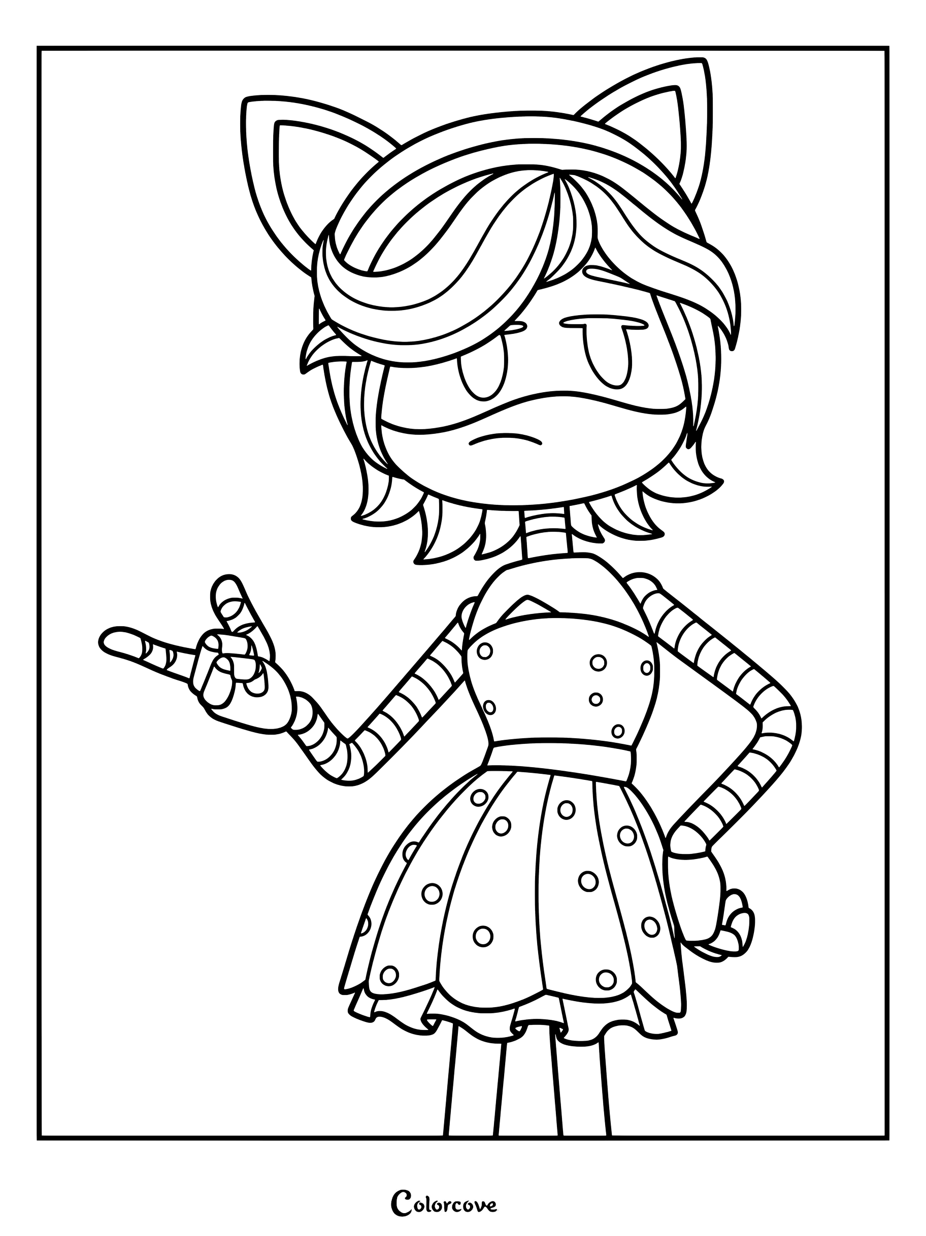 Lizzy de Murder Drones portant sa tenue de bal de promo à pois, dessin au trait à colorier.