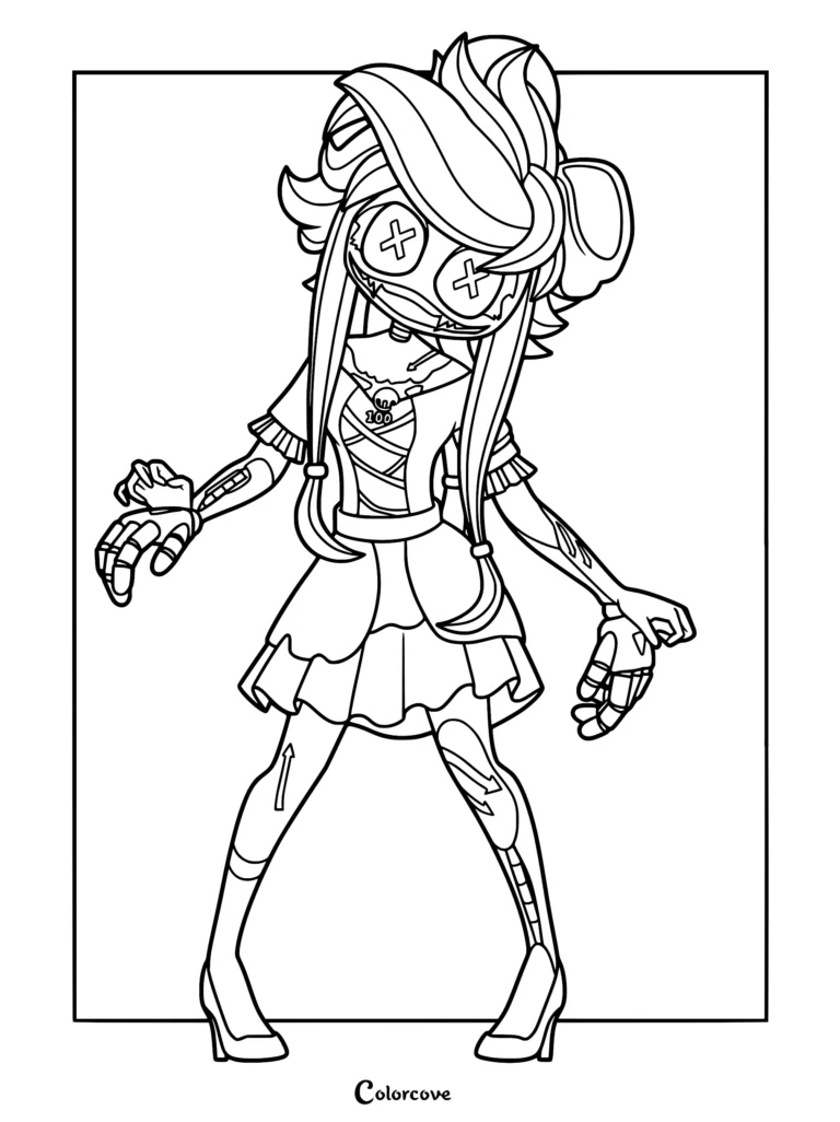 A detailed line art coloring page of Cyn from Murder Drones, showing the character in a frilly dress with X-shaped eyes, long hair, and robotic limbs in a standing pose.