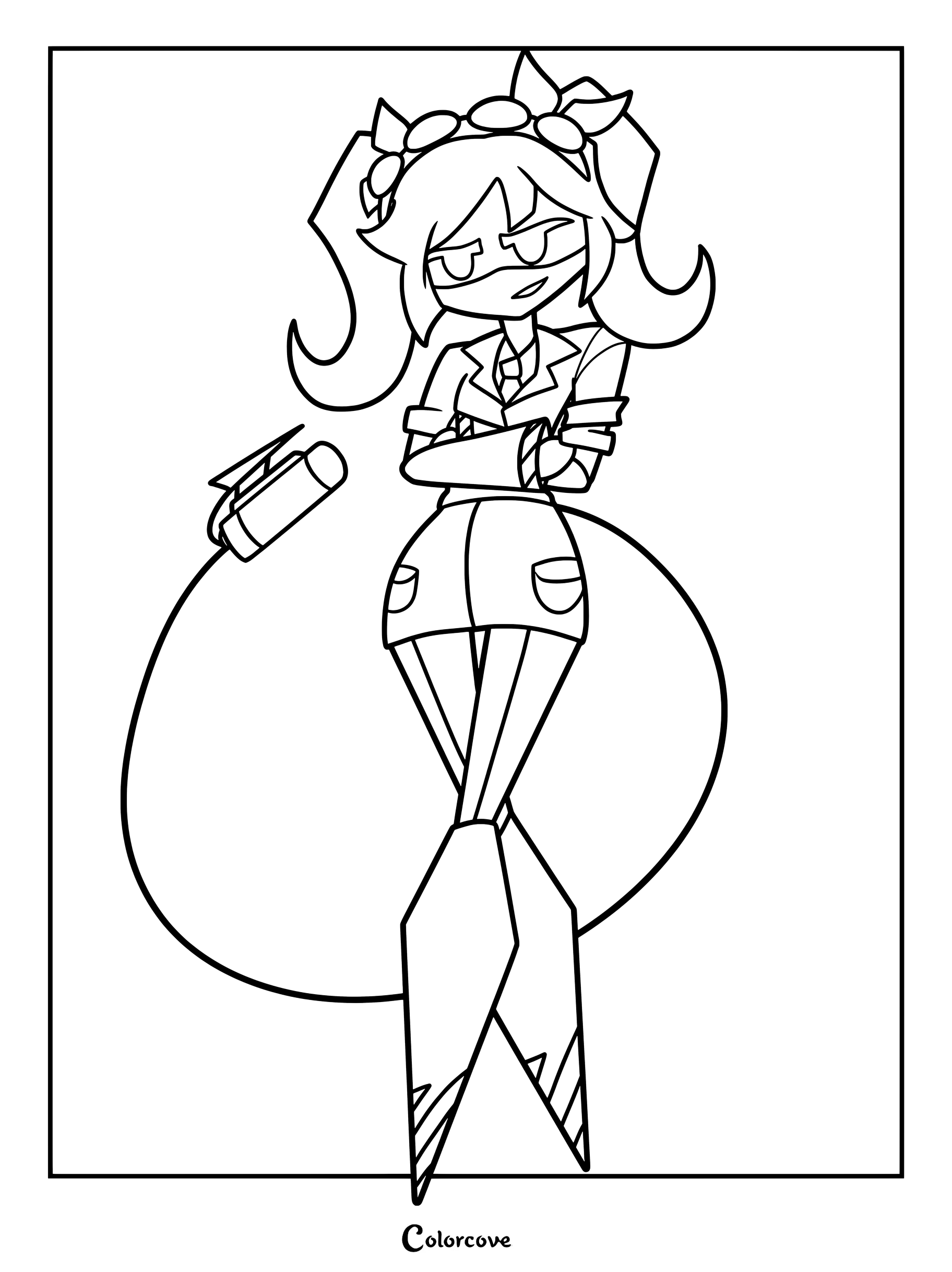 Le personnage désigné J de Murder Drones, debout, les bras croisés, dans un format de coloriage à imprimer.