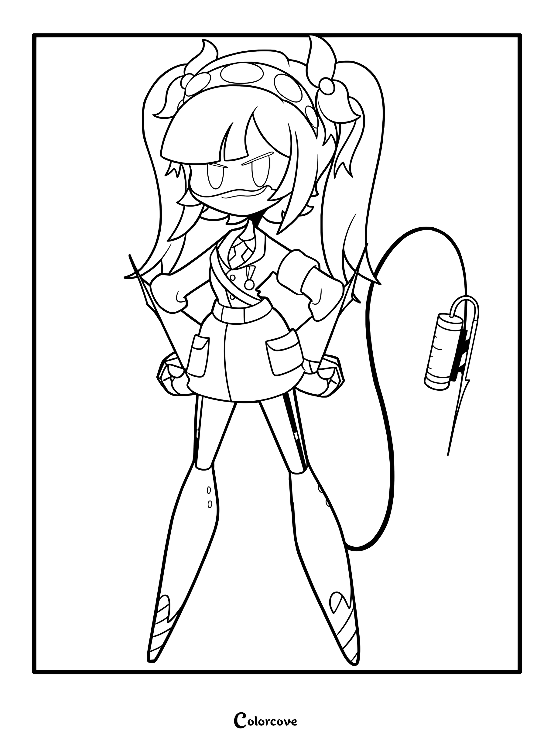 Le personnage désigné J de Murder Drones, avec ses couettes et son uniforme, figure sur cette page de coloriage imprimable en dessin au trait.