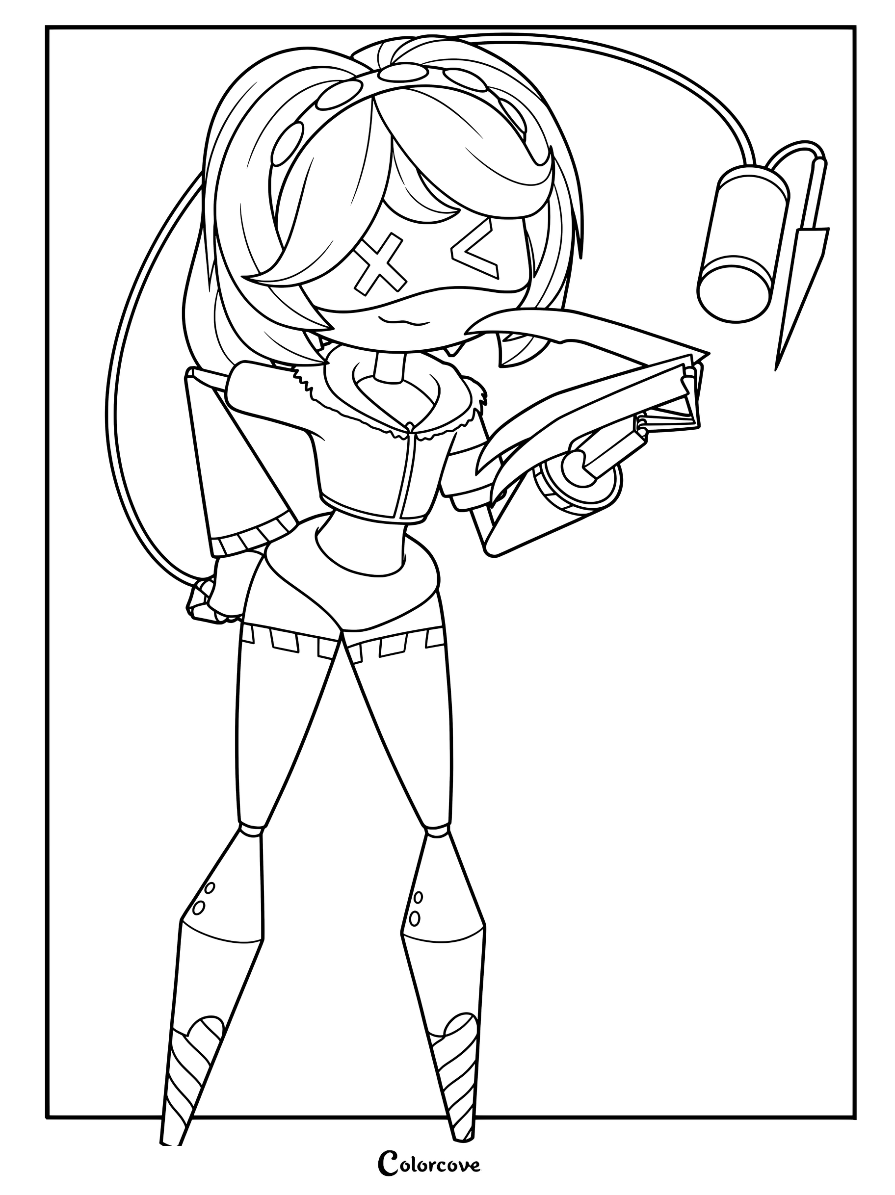 Le personnage désigné par le numéro V de la série Murder Drones est en train de lire un livre sur cette page de coloriage à imprimer.