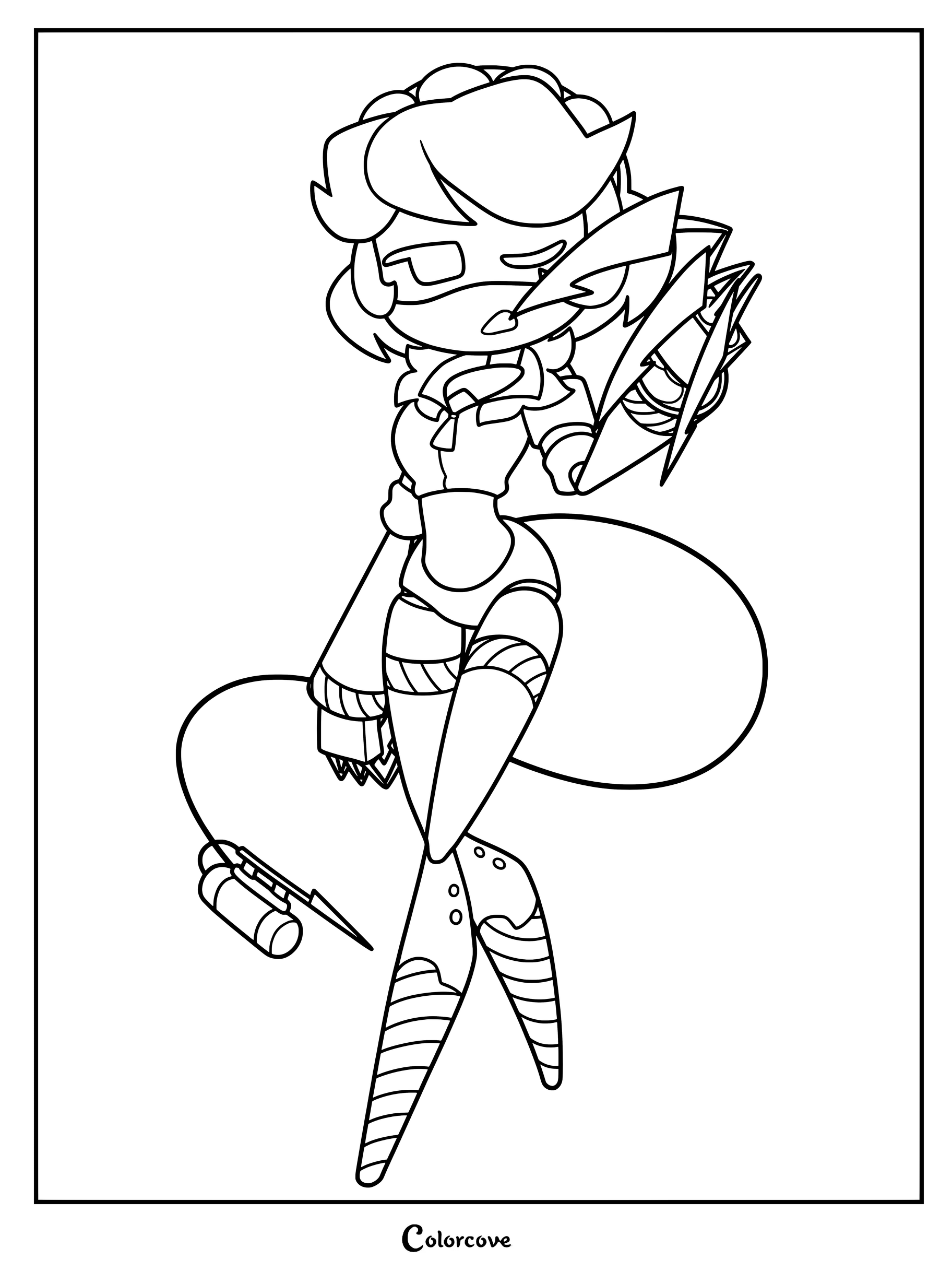 Désignation de série V de Murder Drones, en tenue de soubrette avec une main et une queue armées d'une lame, page de coloriage à imprimer.
