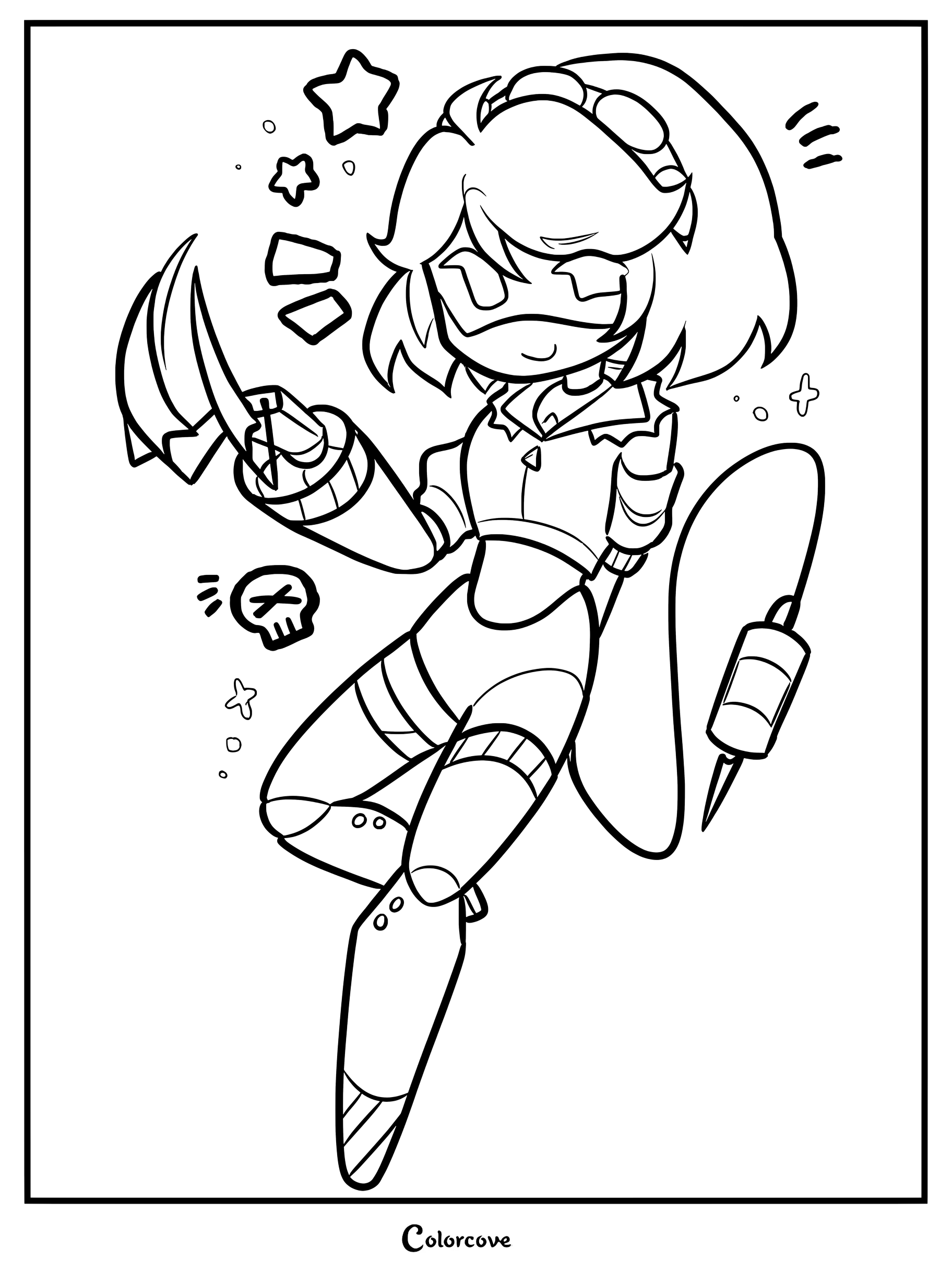 Numéro de série V de Murder Drones, avec des mains griffues et une seringue dans la queue, dans une adorable page de coloriage de style chibi