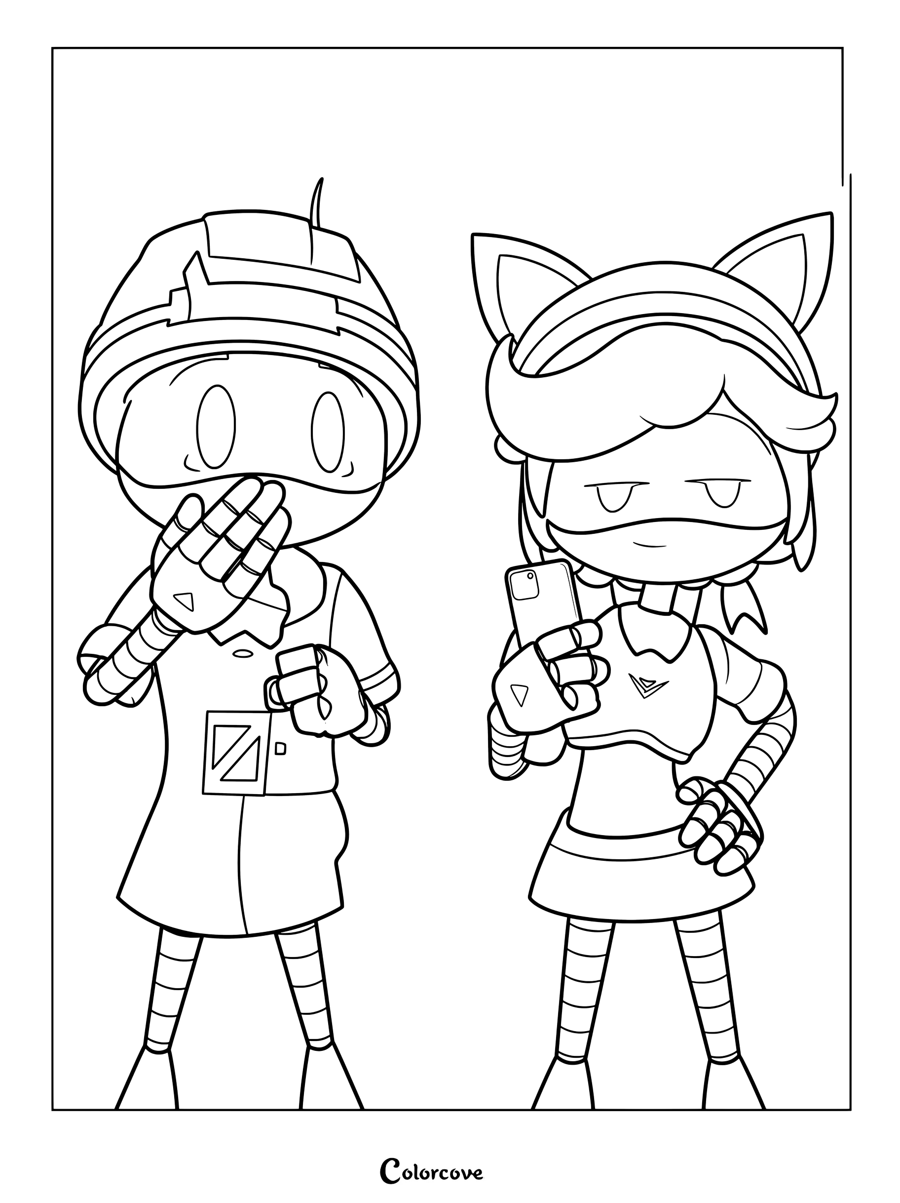 Thad porte une casquette et Lizzy tient un smartphone dans ce dessin au trait d'une page de coloriage de Murder Drones.