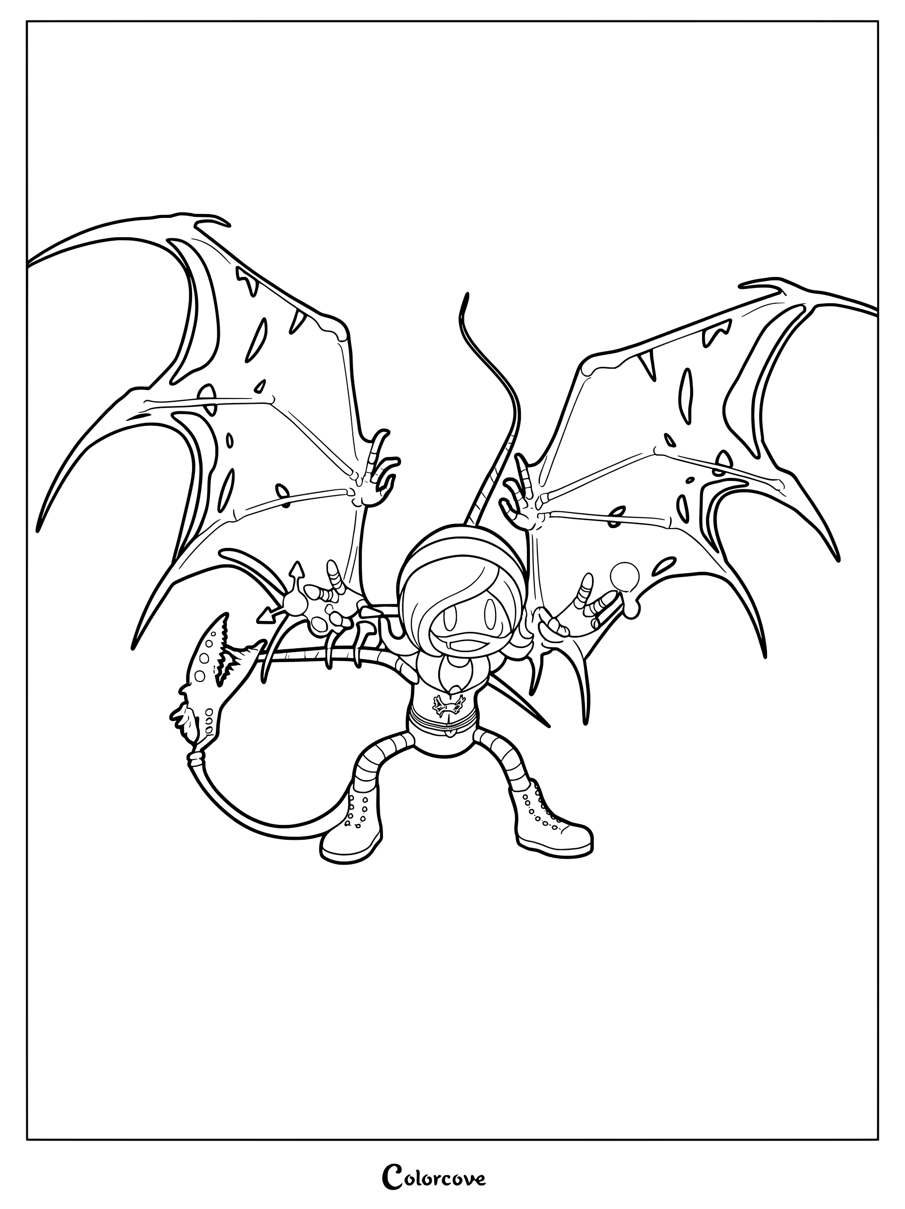 Uzi de Murder Drones, avec ses grandes ailes déchirées et sa queue mécanique, dans une pose dynamique ; page de coloriage à imprimer.