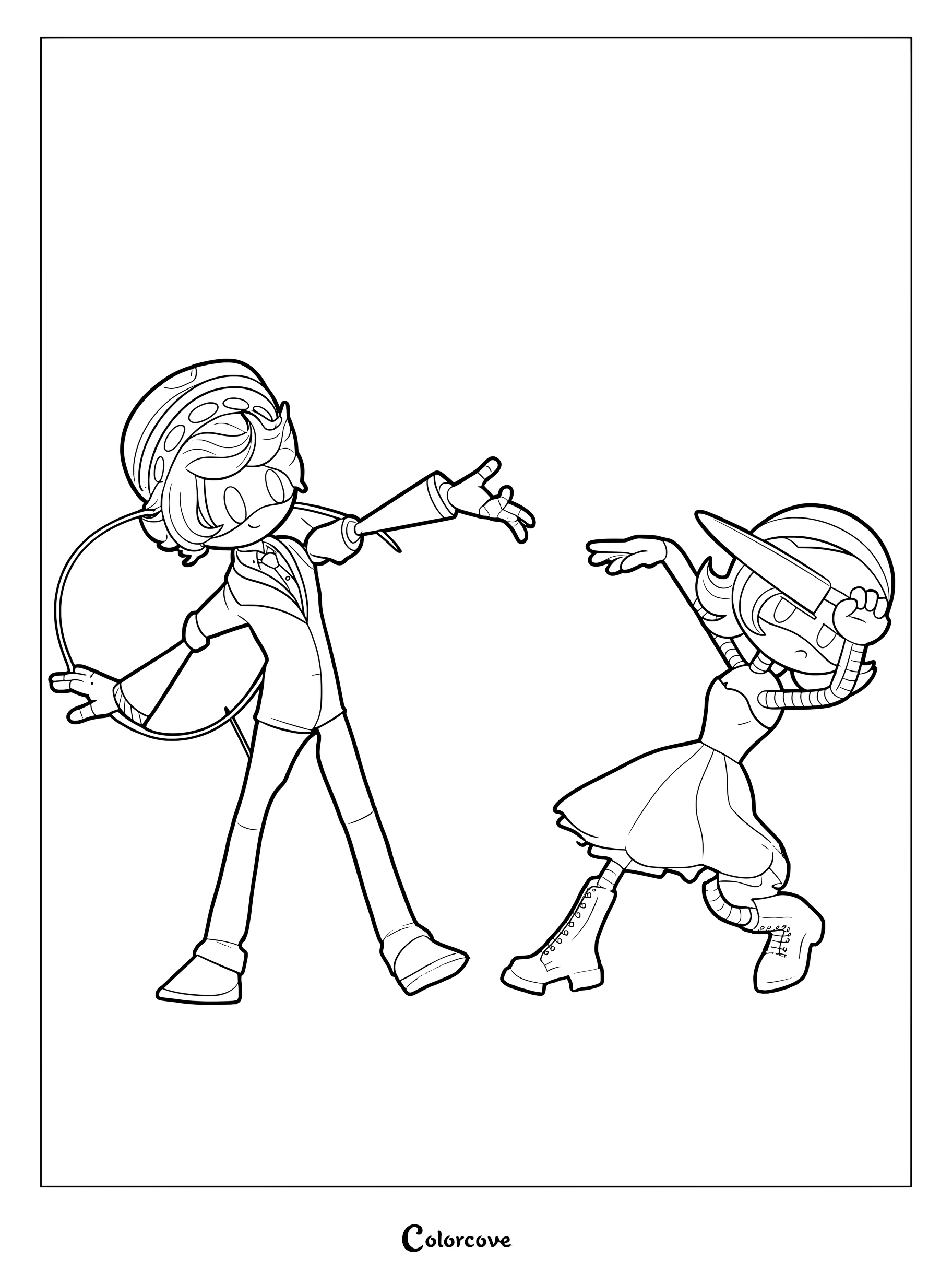 Uzi et N de Murder Drones dansent ensemble au bal de promo sur cette page de coloriage à imprimer.