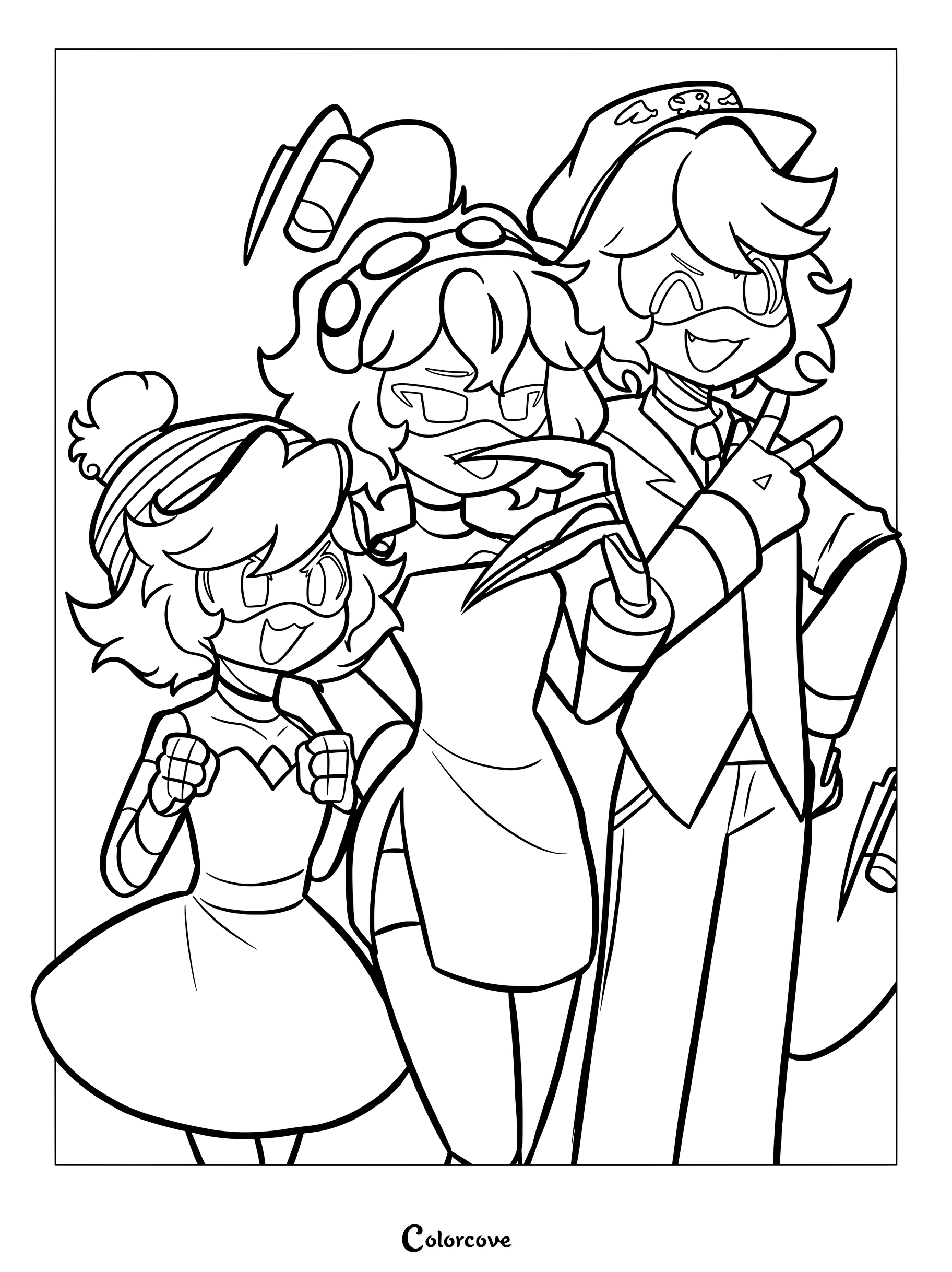 Uzi Doorman, Serial Designation V et Serial Designation N posent ensemble pour cette page de coloriage Murder Drones.