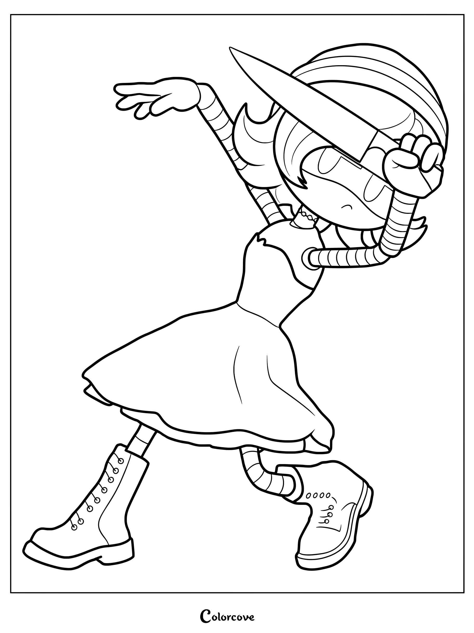 Uzi de Murder Drones, vêtue de sa tenue de bal de promo dans une pose dynamique, page de coloriage à imprimer.