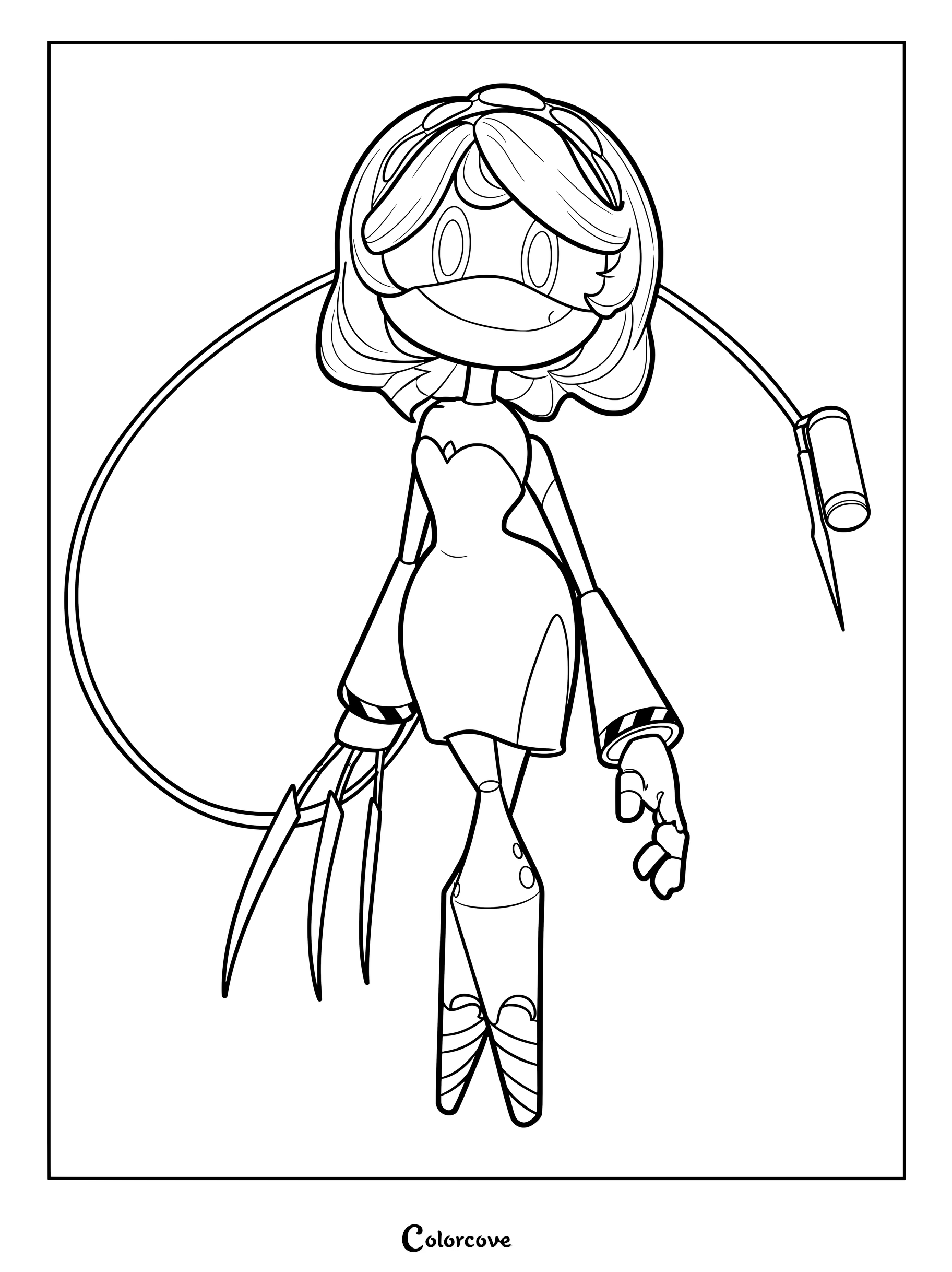 V de Murder Drones porte une robe de bal de soirée, des mains griffues et une queue dans cette page de coloriage à imprimer.