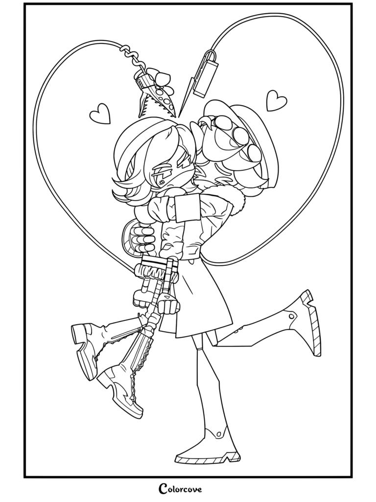 Printable coloring page of N and Uzi from Murder Drones hugging tightly with tails forming a heart shape.