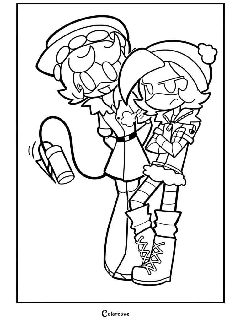 N and Uzi from Murder Drones standing together with N holding a canister and Uzi crossing her arms grumpily done coloring page