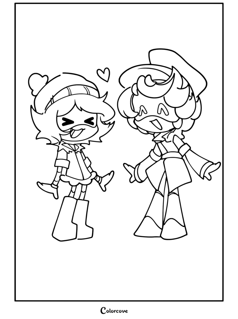 Uzi Doorman and Serial Designation N smiling happily together with a heart symbol coloring page from Murder Drones.