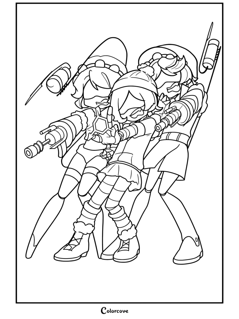 Printable coloring page of V, Uzi, and N standing back-to-back in combat poses with Uzi using Absolute Solver powers from Murder Drones.