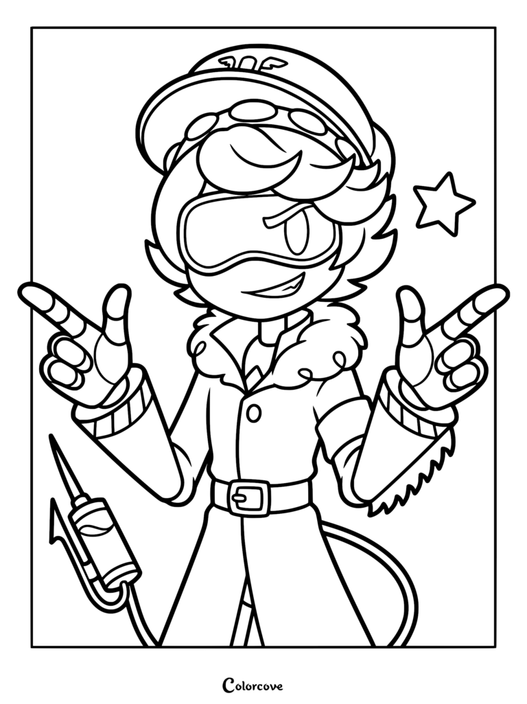 Serial Designation N from Murder Drones wearing his pilot hat and fur-lined trench coat, posing with finger guns, in this clean line art coloring page.