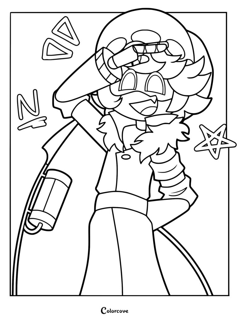 A printable coloring page featuring Serial Designation N from Murder Drones saluting with his hand over his forehead, wearing his signature pilot hat, coat, and collar, with a star and his initial N floating in the background.