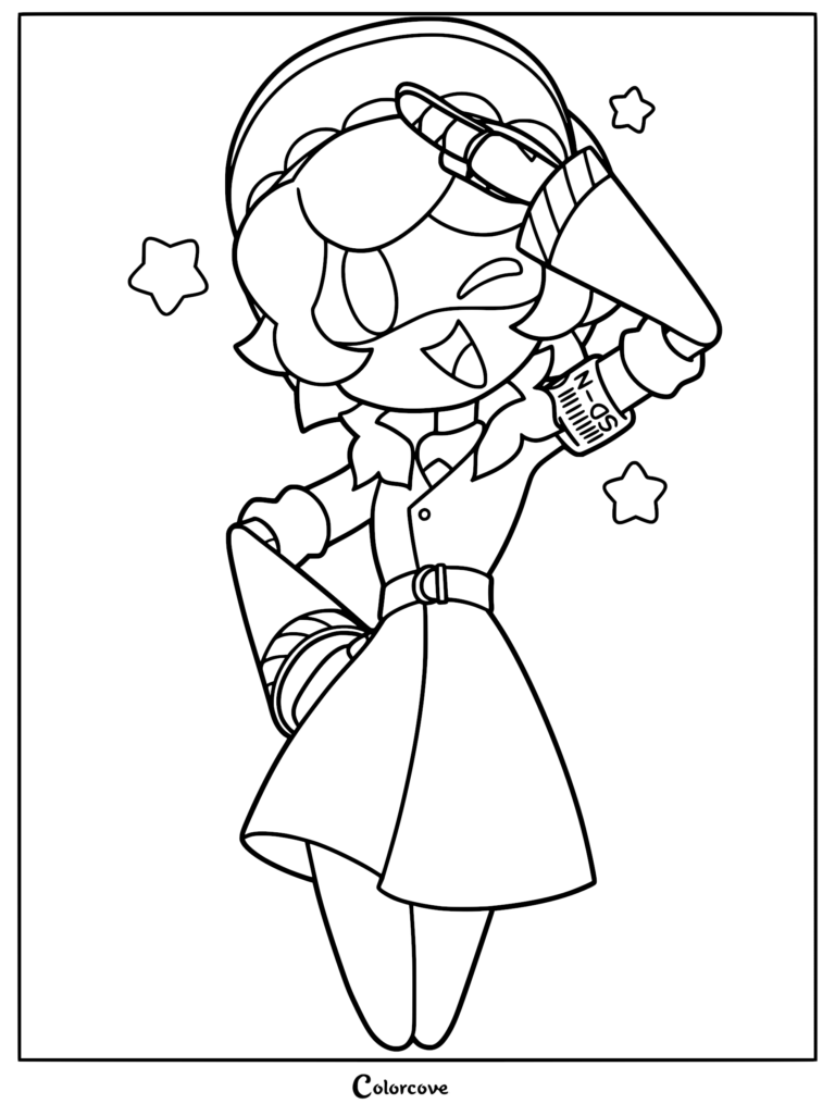 A cute chibi-style Murder Drones coloring page featuring Serial Designation N wearing his signature pilot hat and trench coat, saluting with a cheerful expression, surrounded by star icons.
