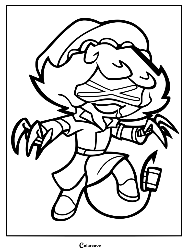 A printable coloring page of Serial Designation N from Murder Drones in a chibi style, featuring his signature visor with an X, sharp claw hands, and a tail with a syringe tip.