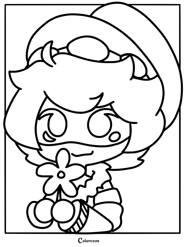 A printable coloring page featuring a cute chibi-style Serial Designation N from Murder Drones holding a single flower, clear black and white line art.