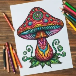 Colorful mushroom-themed coloring page with vibrant pencils on a wooden table, showcasing intricate designs and patterns.