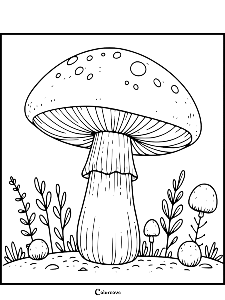 A large spotted mushroom surrounded by smaller mushrooms and foliage in this free printable coloring page.