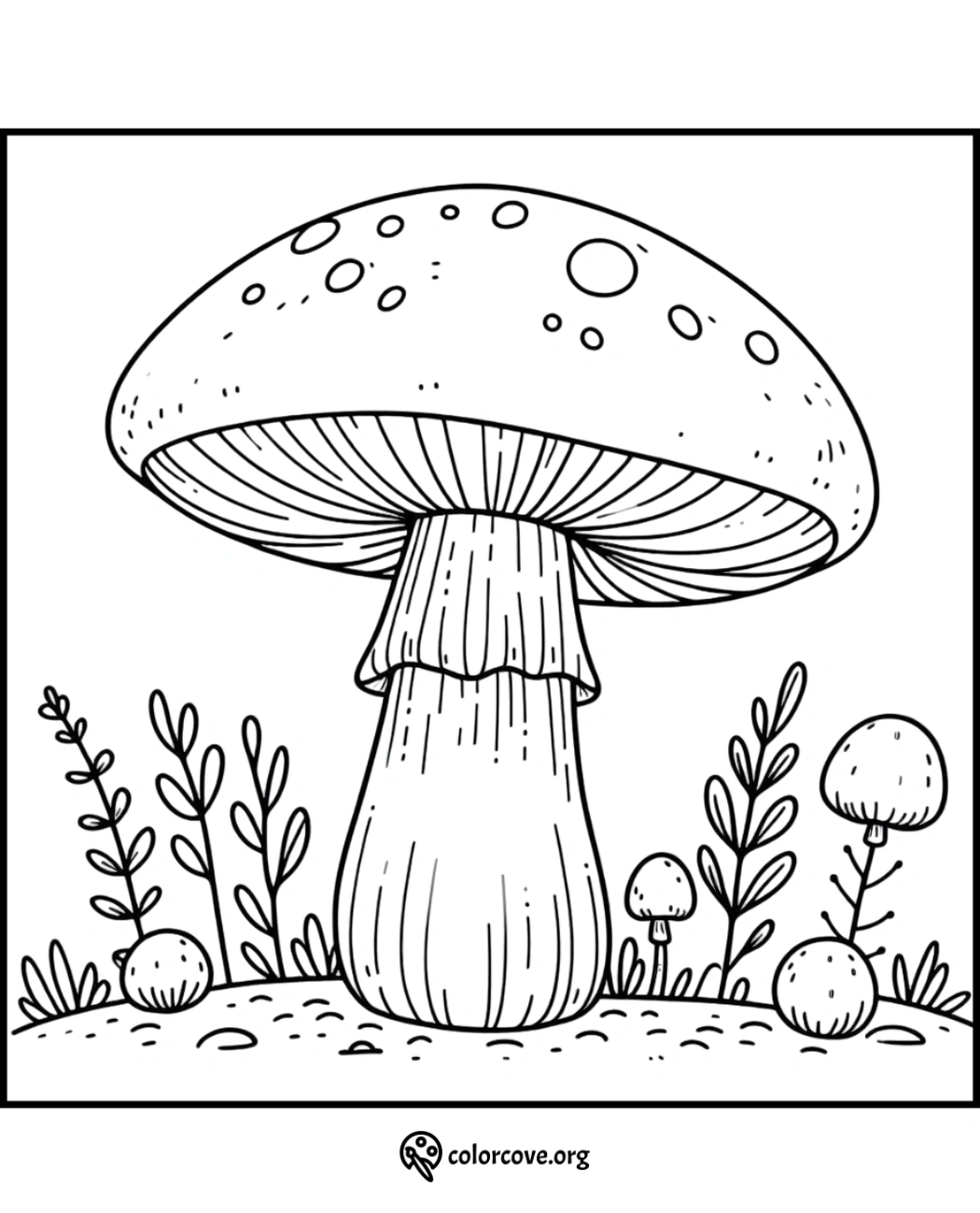 Mushroom coloring page with plants and small mushrooms, detailed for kids and adults by ColorCove.org.