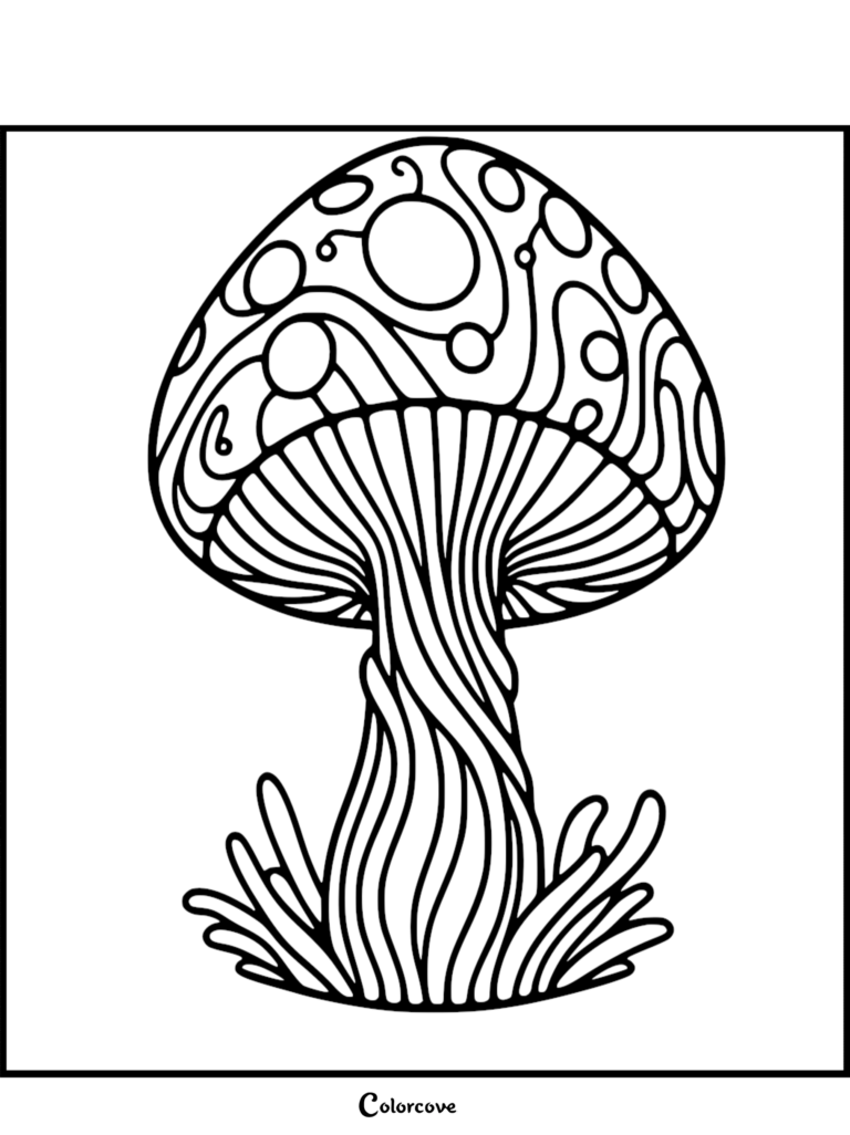 A detailed mushroom coloring page featuring intricate swirling patterns on the cap and a textured, wavy stem.