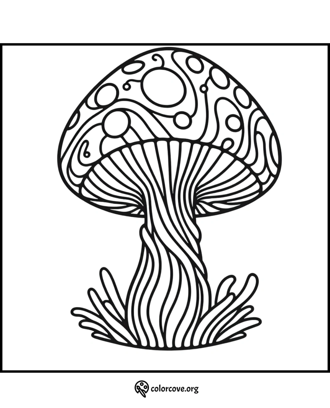 Intricate mushroom coloring page with swirling patterns for adults and kids. Printable and fun for stress relief and creativity.